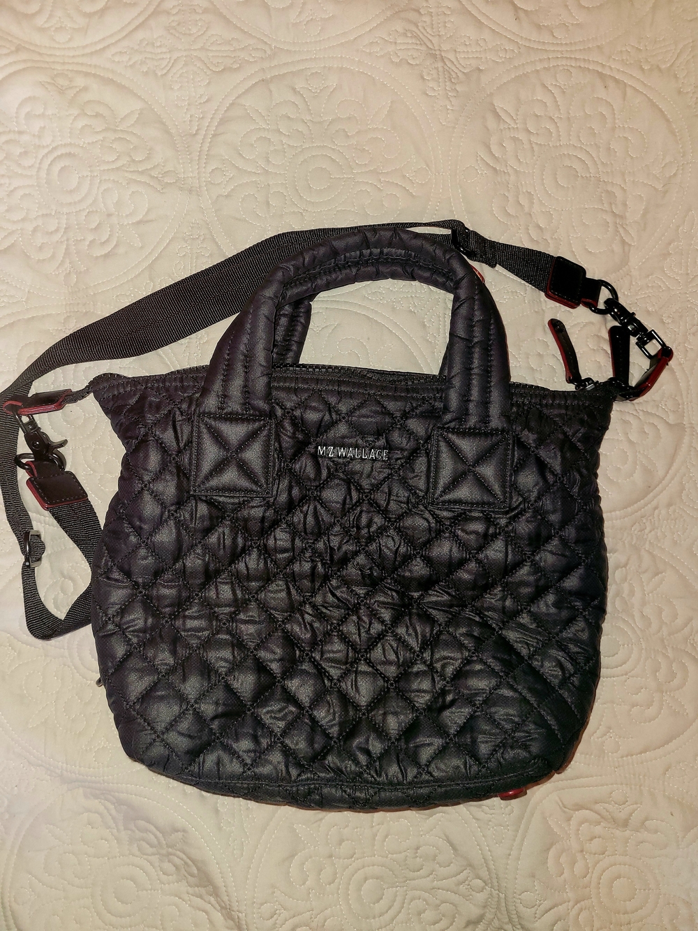 MZ Wallace Black Quilted Nylon Satchel with Crossbody Strap